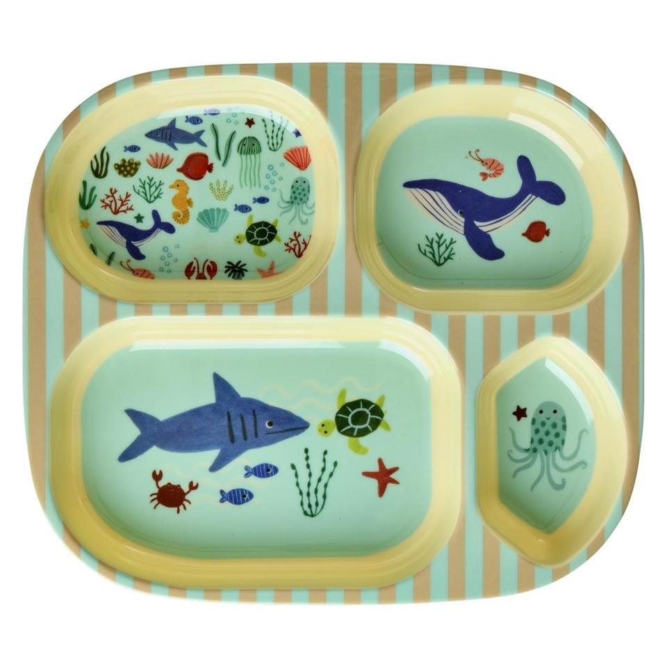 Rice - Kids 4 Room Plate with Blue Ocean Print - Blue (KIPL4-OCEB)
