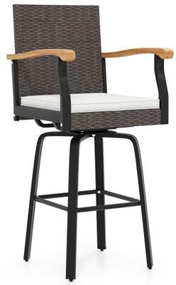 Costway One Outdoor 360° Swivel Bar Stool with Cushion and Acacia Wood Armrests