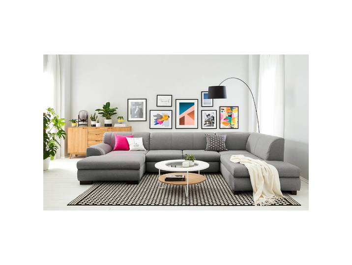 Wohnlandschaft Lefroy Grau/Grau Flachgewebe Fae 347 x 78 x 210cm Longchair davorstehend links / Ottomane rechts mit Schlaffunktion Modern