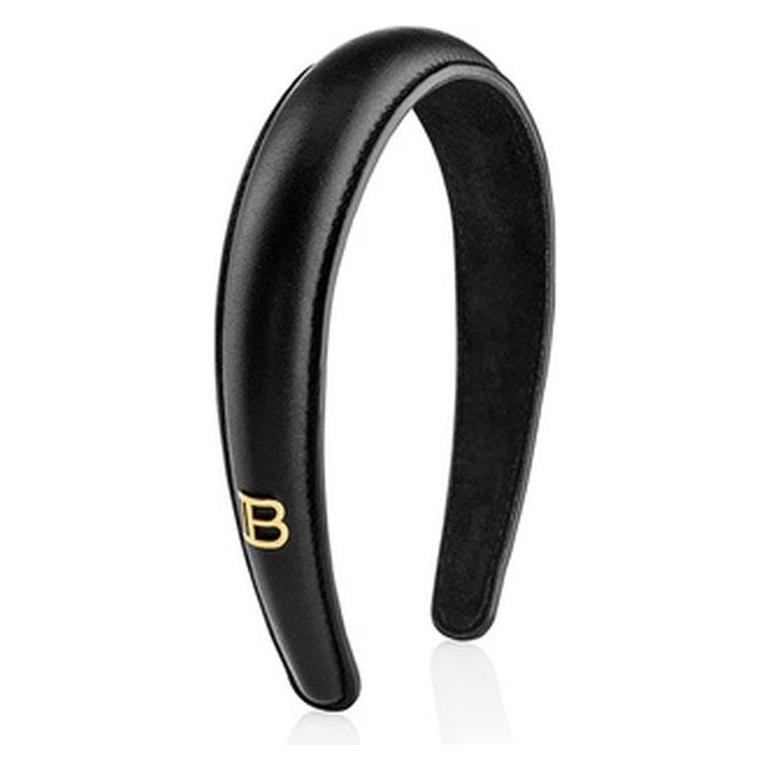 Balmain Black Leather Puffed Headband with Gold Plated Log (HJ GP HB L B LOGO P)