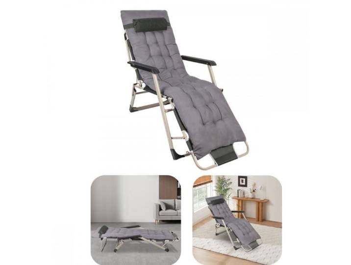 Avec coussin fauteuil transat de jardin camping--MENGDA-Lit de camp pliable-Bain de soleil pliable chaise longue-Gris
