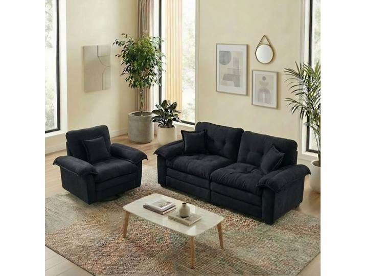 Ensemble canapé 2 pièces en chenille noire fauteuil 1 place + loveseat 2 places assise profonde coussins inclus