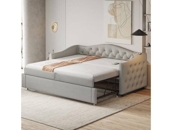 Ball & Cast Schlafsofa (90/180x200cm) mit USB-Anschluss und Weicher Kantenschutz, Klassische Knopf-Design, Einfach & Zeitsparend Montierbar, Ausziehbar - Leinenstoff, Grau