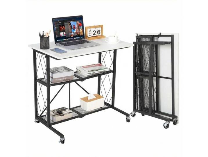 JoyGarden Bureau informatique pliable 80 cm sur roulettes poste de travail mobile + étagères métal/grillage 3 niveaux Blanc