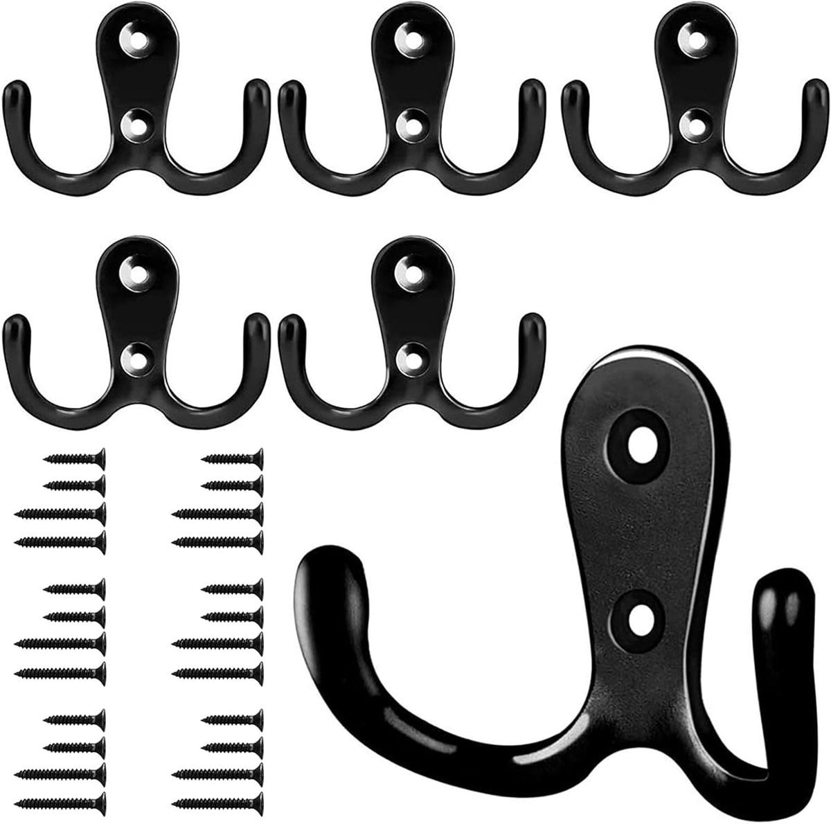 Set van 6 dubbele wandhaken van retro metaal in zwart voor kast, badkamer en keuken