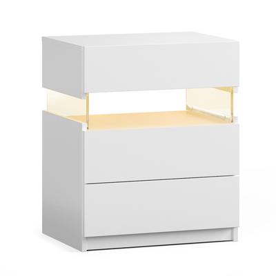 OKWISH Nachttisch Holzwerkstoff Weiß mit RGB-LED-Beleuchtung und 3 Schubladen, vielseitig als Beistelltisch nutzbar