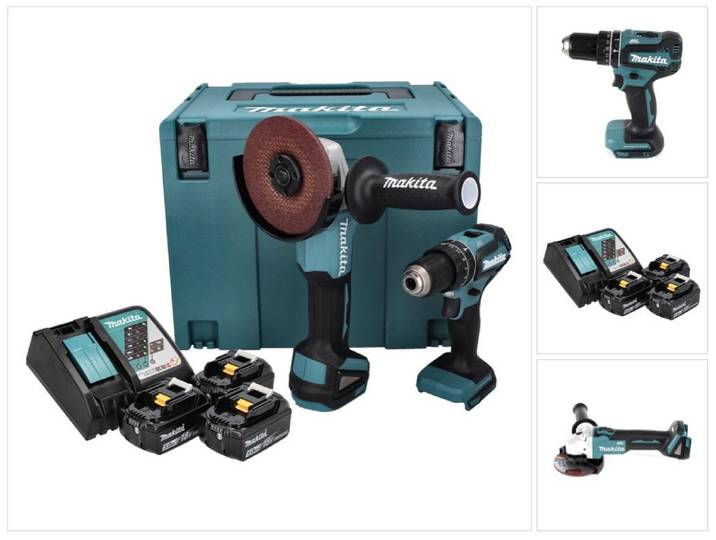 Makita DLX 2334 J Kit Kombo sans fil 18 V : 1x DHP 485 50 Nm sans balai + 1x DGA 504 125 mm sans balai + 3x Batteries 3\,0 Ah + Chargeur + Coffret Makpac