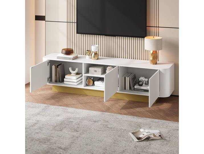 Meuble TV - Meuble TV 170 cm - 3 portes - Design coins arrondis - Blanc texturé