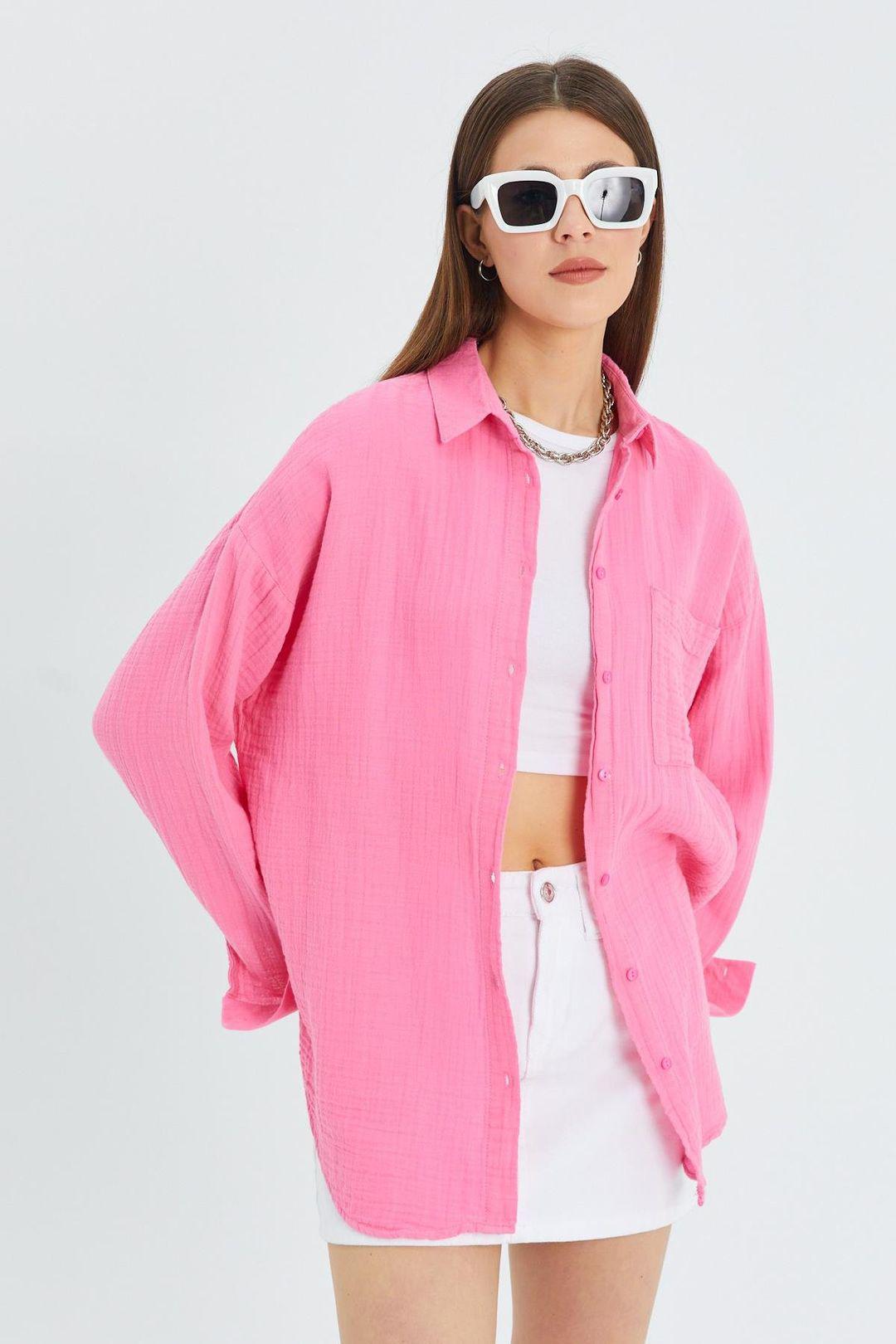 Übergrößiges Leinenmischung Button-Up Hemd mit Tasche
