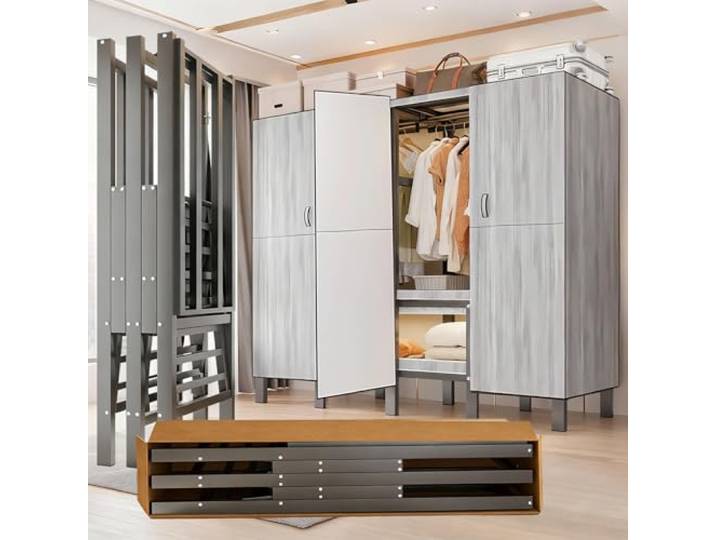 SPTZQURY Tragbarer Kleiderschrank mit Stoffbezug, Stoffschrank mit Kleiderstange und Rollen, Faltbarer Kleiderschrank zum Aufhängen von Kleidung, Max 907kg, für Schlafzimmer, Wohnzimmer (Grey, 125cm)