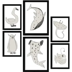 POSTER Set Mit 6 Sea Varmint In Tiere Abstracts Ästhetische Dekorative Gemälde Für Ihr Wohnzimmer, Schlafzimmer, Zuhause A3 & A4 Schwarzer Rahmen