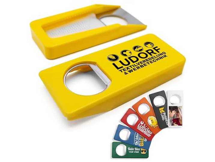 #teamludorf Personalisierte Flaschenöffner mit Verschluss (100 Stück, Gelb) – Mit eigenem Foto, Logo & Text bedruckbar – Nachhaltig aus Recycling-Kunststoff
