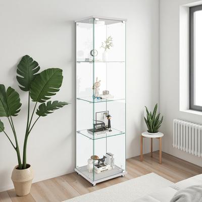 ZWYO HOSIMU "64.45""H Modern Glass Display Cabinet with LED Lights, Tempered Glass 1-Door 4-Shelf Bookshelf, Cabinet for Living Room & Bedroom"