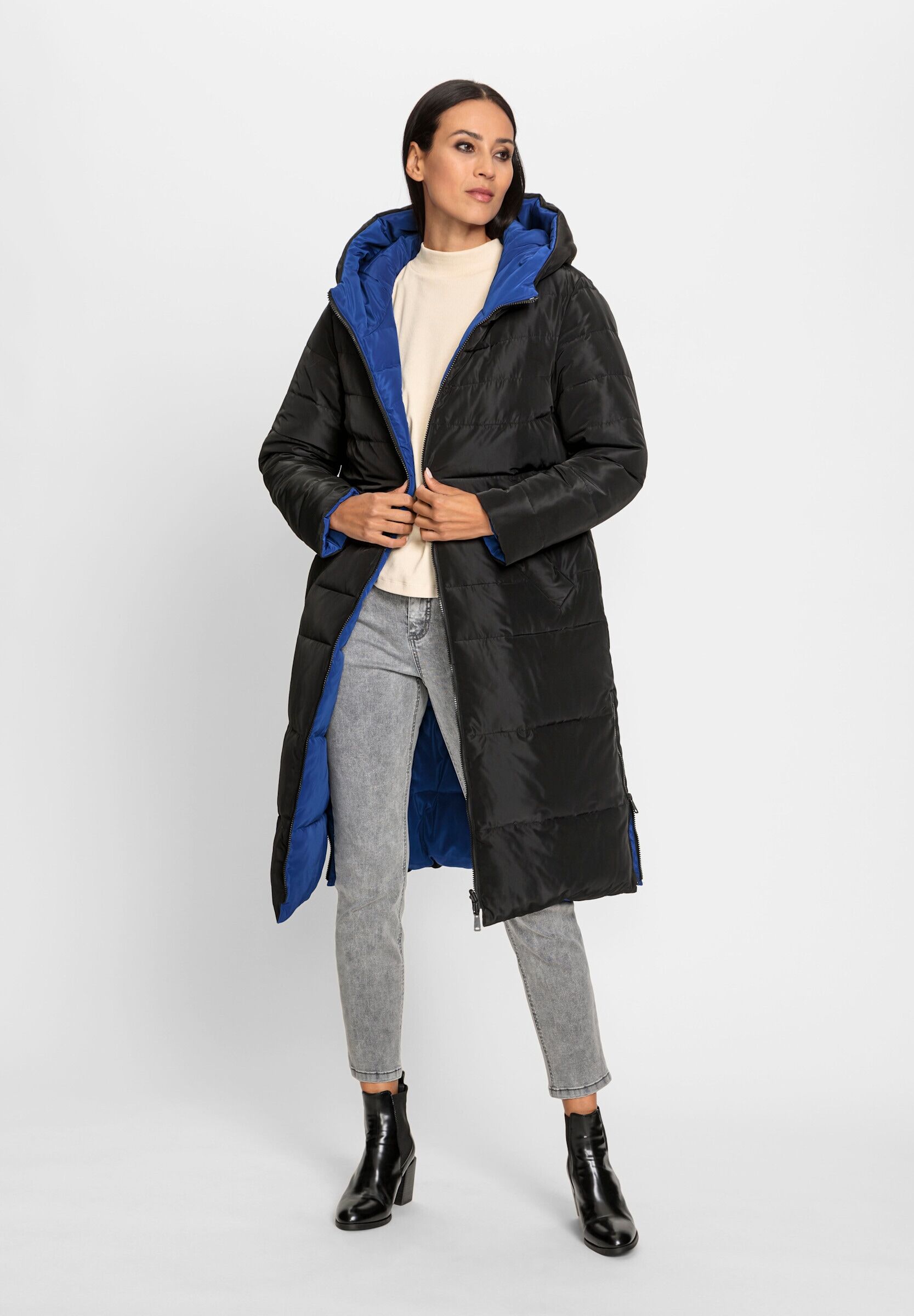 Langjacke HEINE "Wende-Mantel Steppmantel mit Wende-Funktion", Damen, Gr. 34, schwarz (schwarz, royalblau), Web, Stoff, , Modisch, Jacken Langjacke