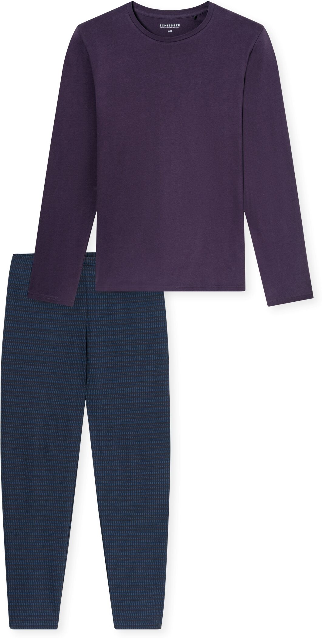 Schlafanzug SCHIESSER "Casual Essentials", Damen, Gr. 48, lila (blau), Single Jersey, Obermaterial: 100% Baumwolle, regular fit lang, Rundhals, Homewear-Sets Schlafanzug, mit unifarbenem Langarmshirt mit rundem Halsausschnitt