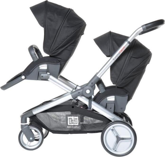 Doppelkinderwagen Red Castle Evolutwin, Ab Geburt bis 15kg, Verstellbare Rückenlehne, Kompatibel mit Red Castle Autositzen Gruppe 0, Schwarz