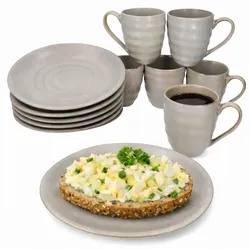 CLAY GRAU 12tlg Frühstücksset Steingut 6 Personen kleine Teller Becher Strudel