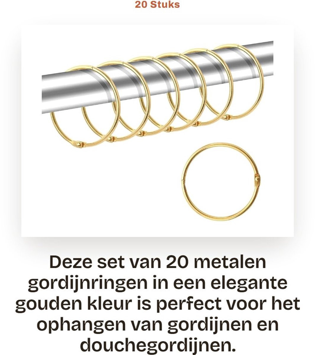 Dailygoods Gordijnringen 20 stuks - 50 mm - Metalen clips - Corrosiebestendig