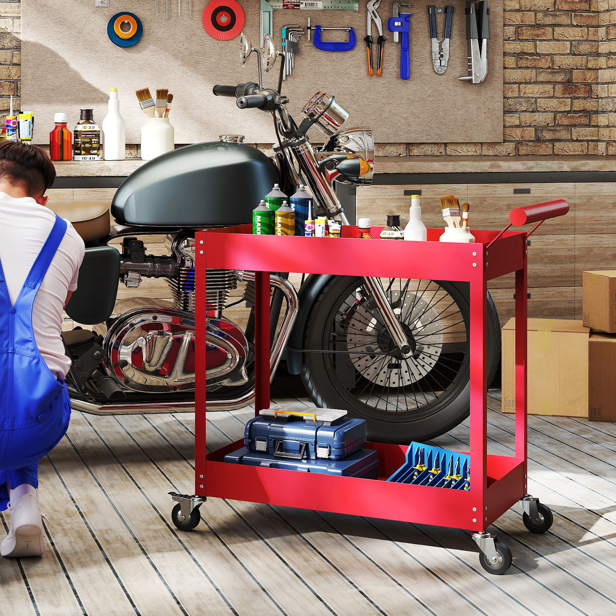 Durhand Carrello da Officina a 2 Livelli con Maniglia Laterale e Ruote Bloccabili, in Acciaio, 84,5x38x84 cm, Rosso   Aosom Italy
