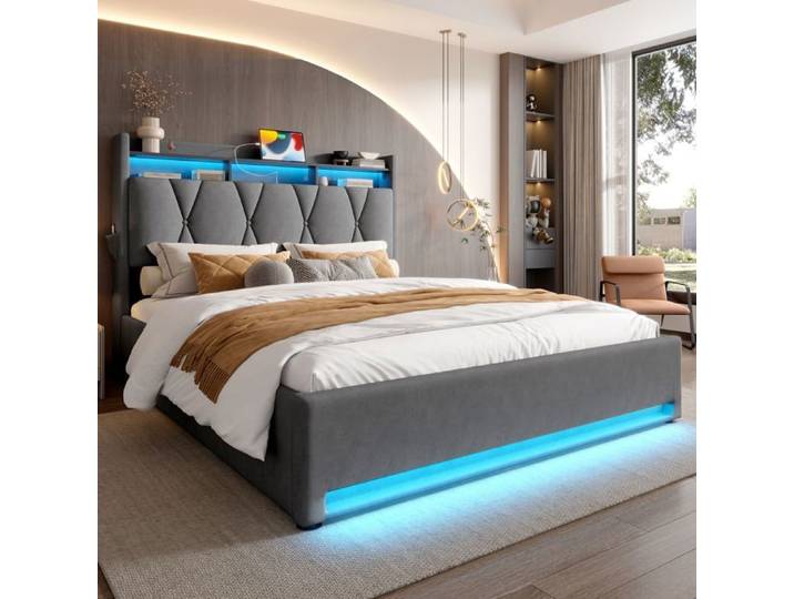 Meuble TV 180 cm blanc gris LED Bluetooth pour TV 70 pouces