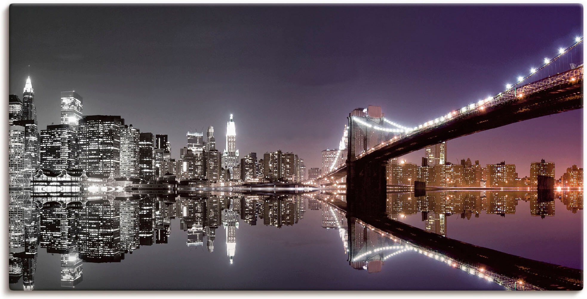 Leinwandbild ARTLAND "New York Skyline nächtliche Reflektion", schwarz (farbe bild(er): schwarz), B:60cm H:30cm, Bilder, Leinwandbild, auf Holzrahmen gespannt farbe bild(er): schwarz B/H/T: 60cm x 30cm, Leinwandbild Amerika Querformat, 1 Stk.