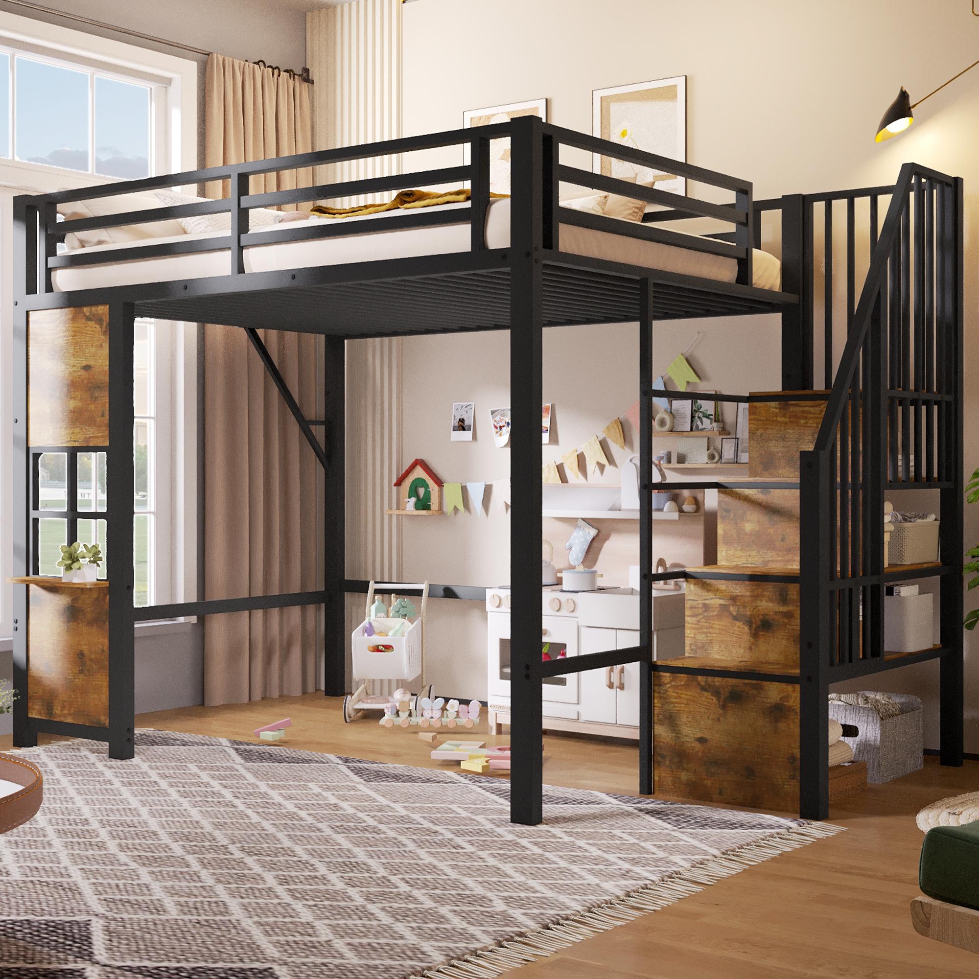 Merax Etagenbett Hochbett 140x200 cm Kinderbett mit Stauraumleiter, Schutzgeländer, Spielbereich, Ablagefächern, Jugendbett Stockbett, Schwarz