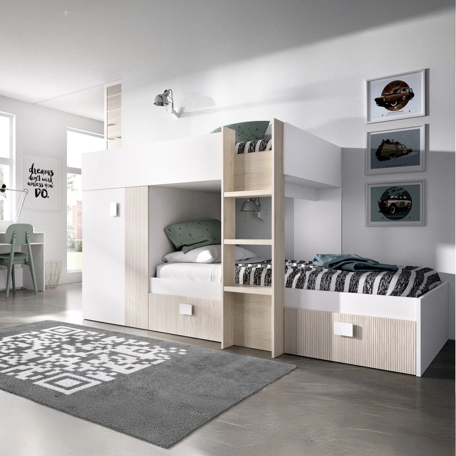 garneroarredamenti Letto a castello per bambini con armadio 271x111cm rovere bianco Pooh
