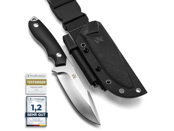 ODENWOLF Outdoor-Messer AMBULO mit Kydex Holster - Edles Jagdmesser aus einem Stück D2 Stahl gefertigt - DAS Bushcraft Messer - Perfektes Survival Messer (Schwarz-silber)