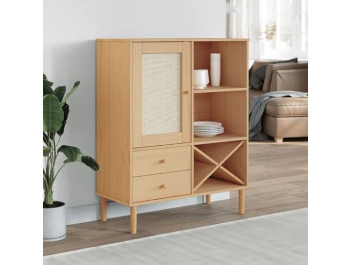 HEFZGDB Massives Kiefernholz Highboard mit Schubladen und Rattan-Optik im Mid-Century Modern mit Boho-Stil – Stilvolles Highboard mit viel Stauraum