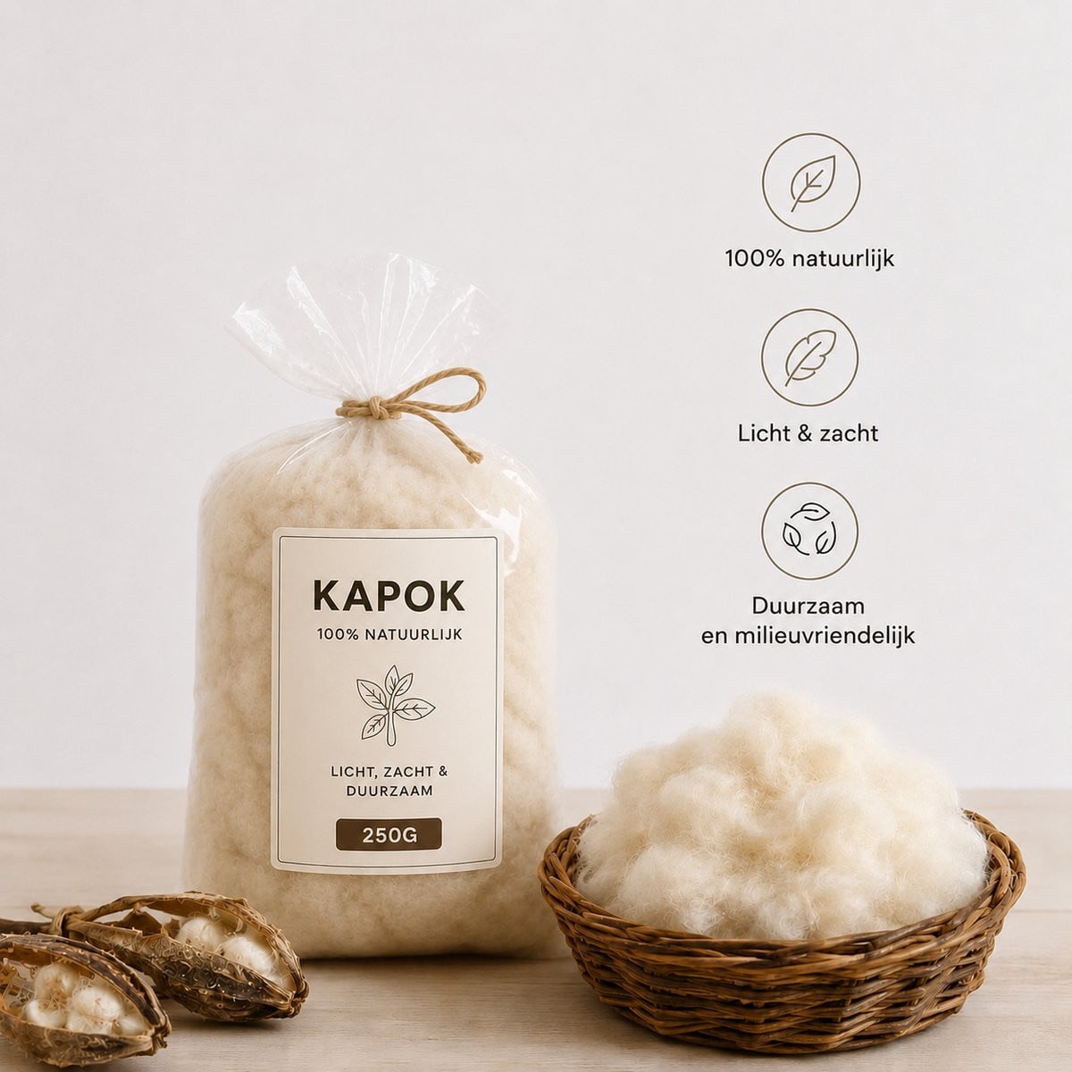 Organische kapok vulling 250 gram voor kussens en natuurlijke vulling