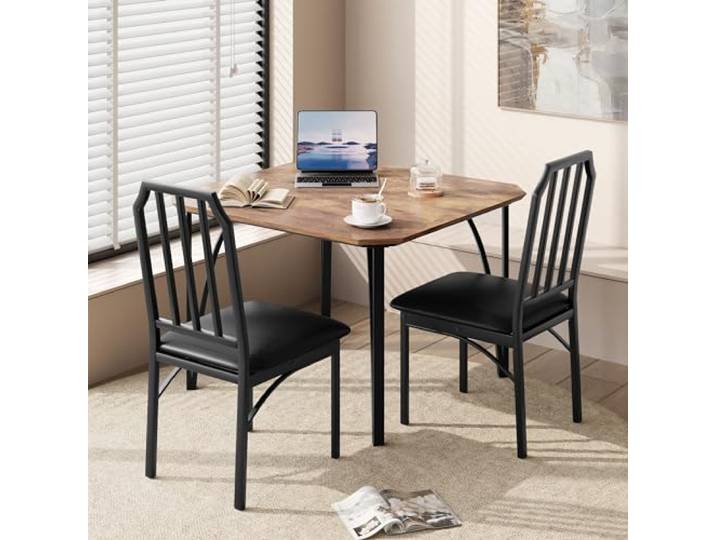 GarveeMore 3-teiliges Küchentisch-Set, Esstisch mit 2 Stühlen Essgruppe für 2 Personen, mit kompaktem Küchentisch & 2 gepolsterten Stühlen, Metall und Holz, für Küche/Esszimmer/Wohnung