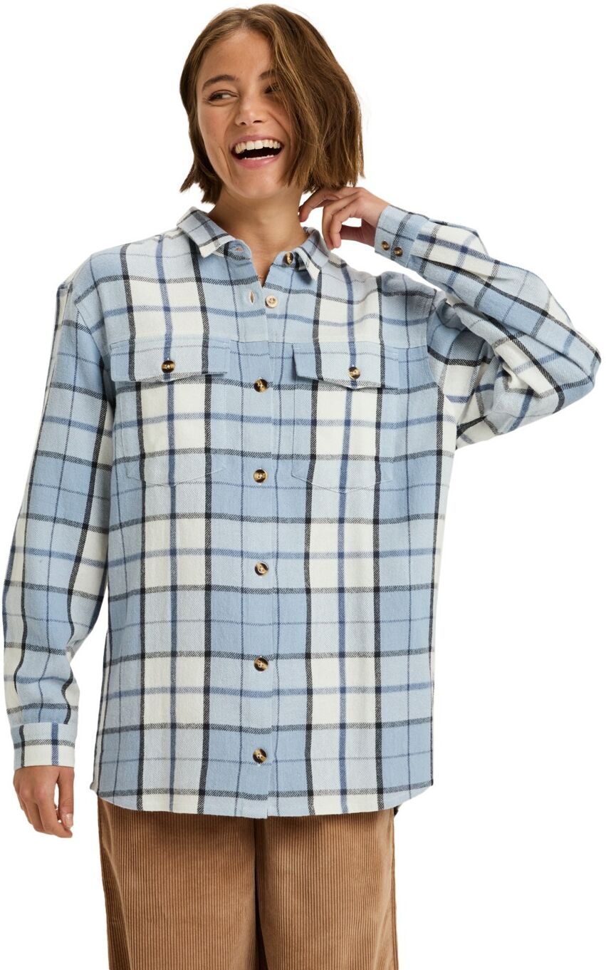 Langarmshirt ROXY "Let It Go Flannel", Damen, Gr. XS, blau (blaublizz mariachi plaid small), Obermaterial: 100% Walkfrottier;, Shirts Langarmshirt
