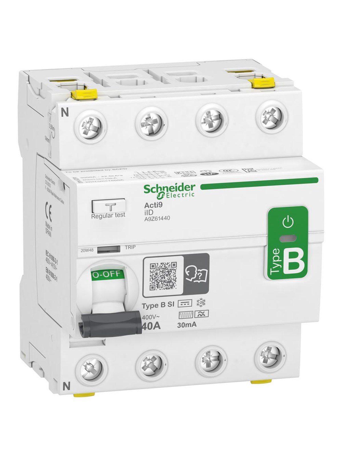 Schneider Electric Acti9 rccb earth leakage protection 4p 40a 30ma b-class-si super immun ac/dc for inst with 3p speed drive and inverter due to dc current