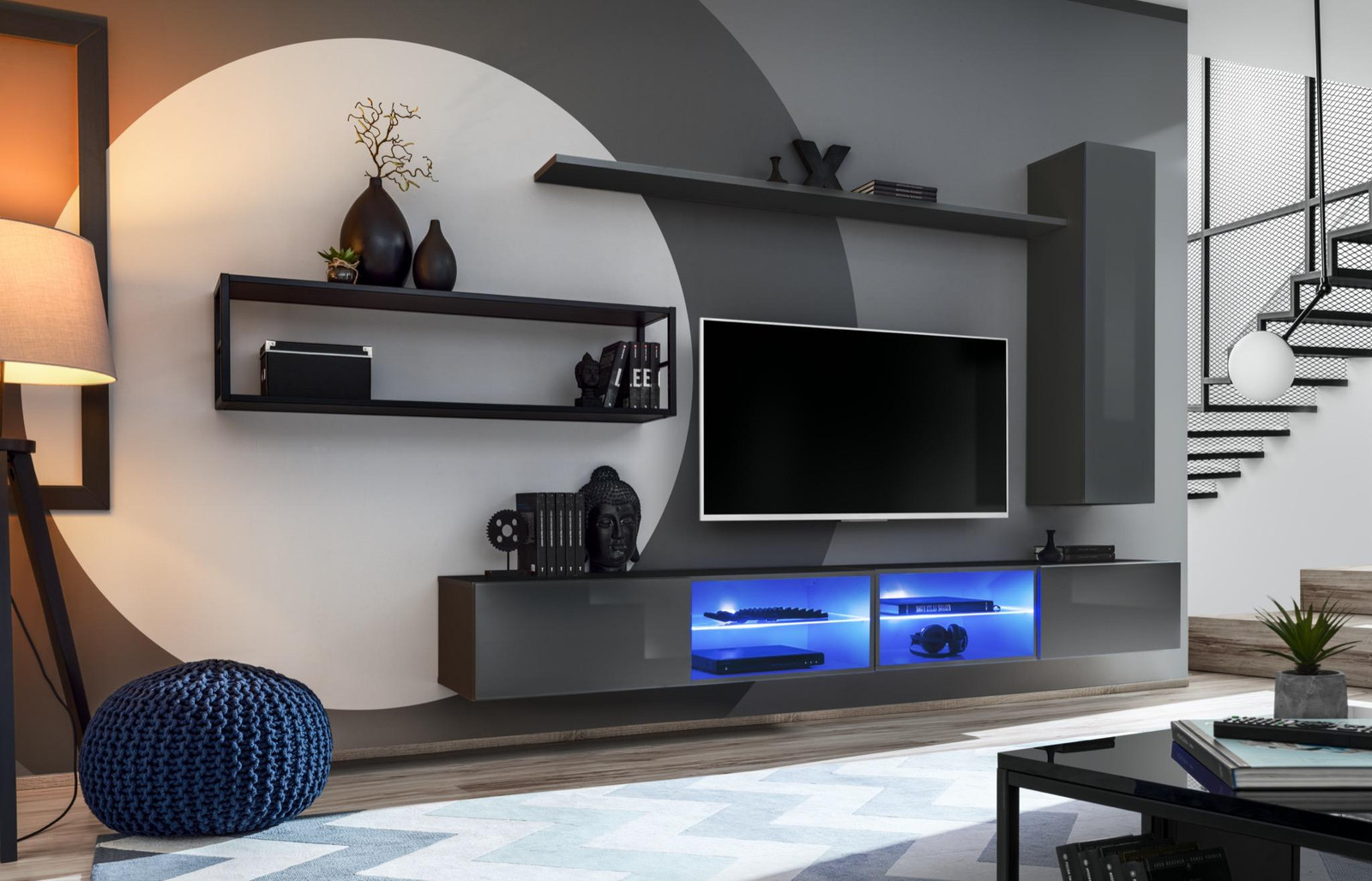 Grau Komplett Wohnwand Luxus Wandschrank met Wandplanken voor de Woonkamer
