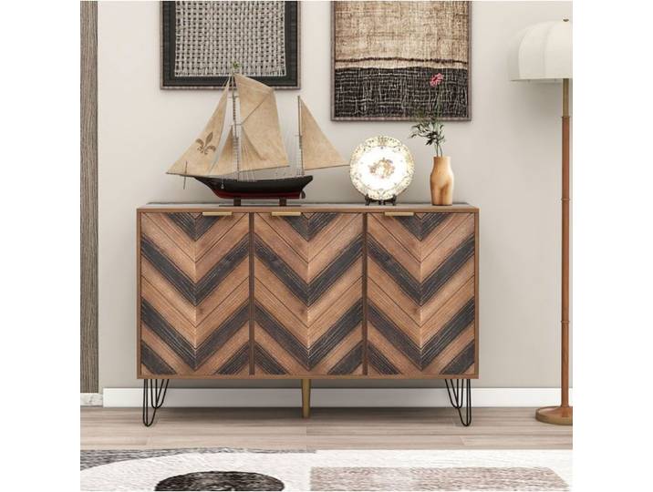 Maisentiel buffet bas 3 portes 120 cm en panneaux de particules aspect bois marron et noir