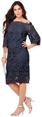 Plus Size Women's Off The Shoulder Lace Dress by Roaman's in Navy (Size 20 W)