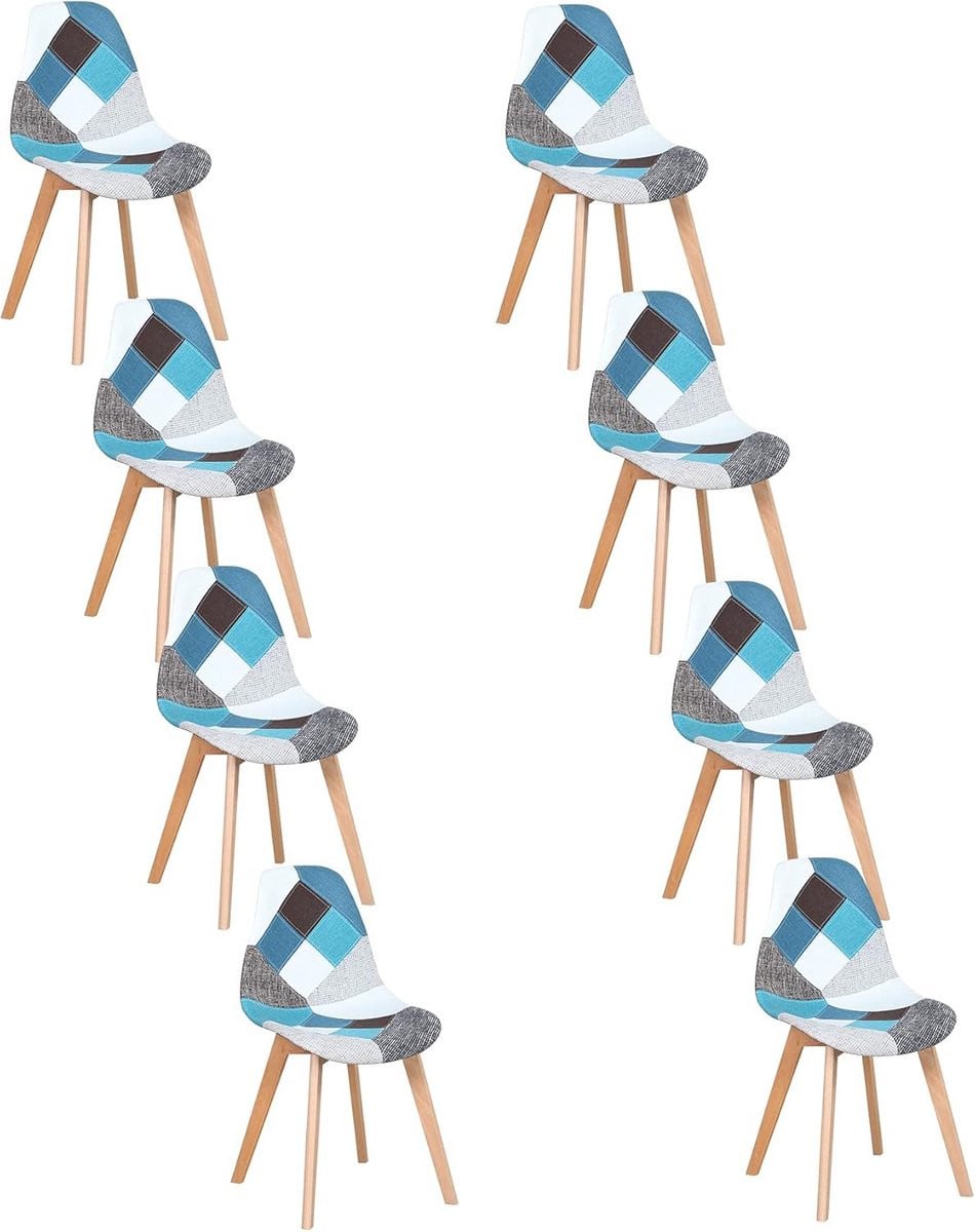 Set van 8 Eetkamerstoelen Patchwork Kleurrijk met Houten Poten Scandinavisch Design