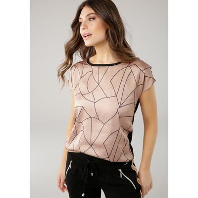 Shirtbluse LAURA SCOTT "im Materialmix mit Satin, verschiedene Muster für jeden Geschmack", Damen, Gr. 44, braun (schwarz, beige, gemustert), Single Jersey, Obermaterial: 100% Polyester. Rückenteil: 95% Viskose, 5% Elasthan, gemustert, gestreift,...