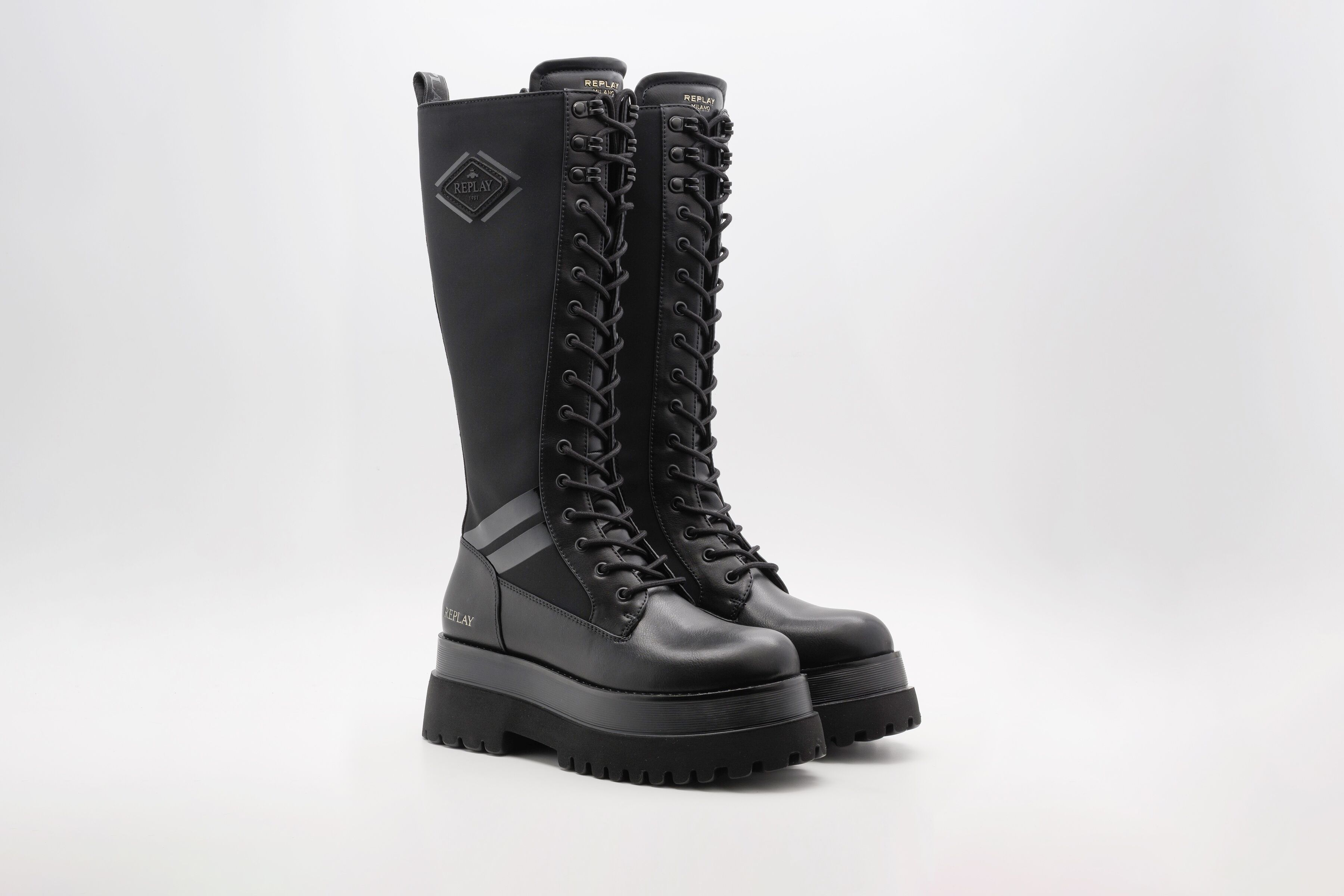 Stiefel REPLAY "ANY REBEL", Damen, Gr. 41, Textil, Varioschaft, schwarz, Lederimitat, unifarben, Schuhe Stiefel, Plateaustiefel, Schnürstiefel mit Logoschriftzug schwarz 41, Textil, Varioschaft