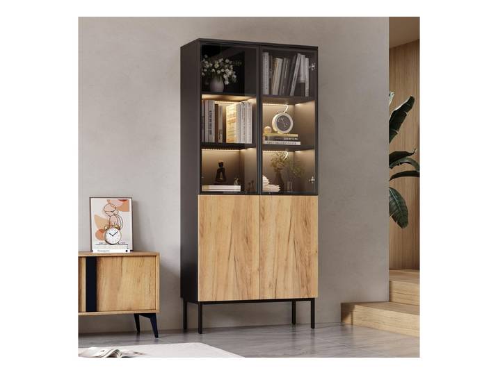 Fine Life Pro Standvitrine Vitrine Schwarz/Eiche mit Glastüren, LED & 5 Böden, 180 cm hoch. Für Sammlerstücke & Bücher – ideal für Büro & Wohnzimmer.