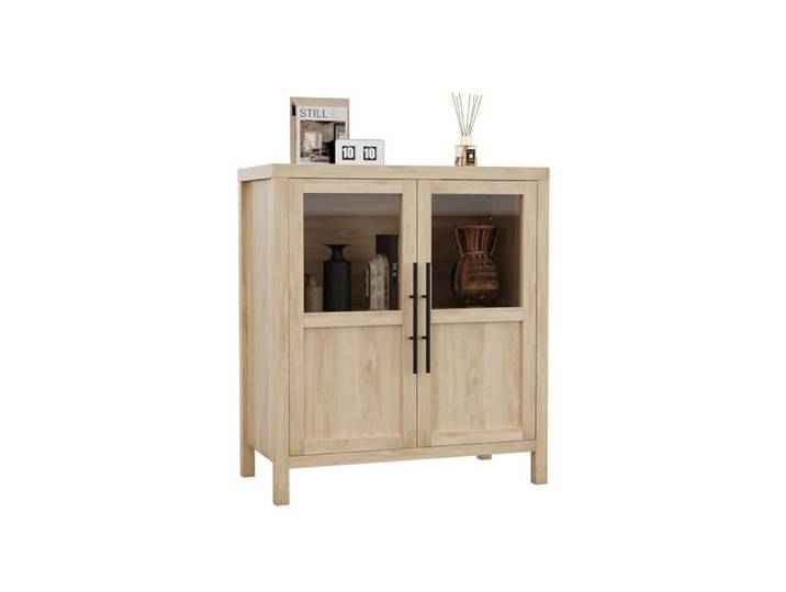 LUNSY Buffet - meuble décoratif d'entrée - 2 portes vitrées et en bois - Naturel Beige