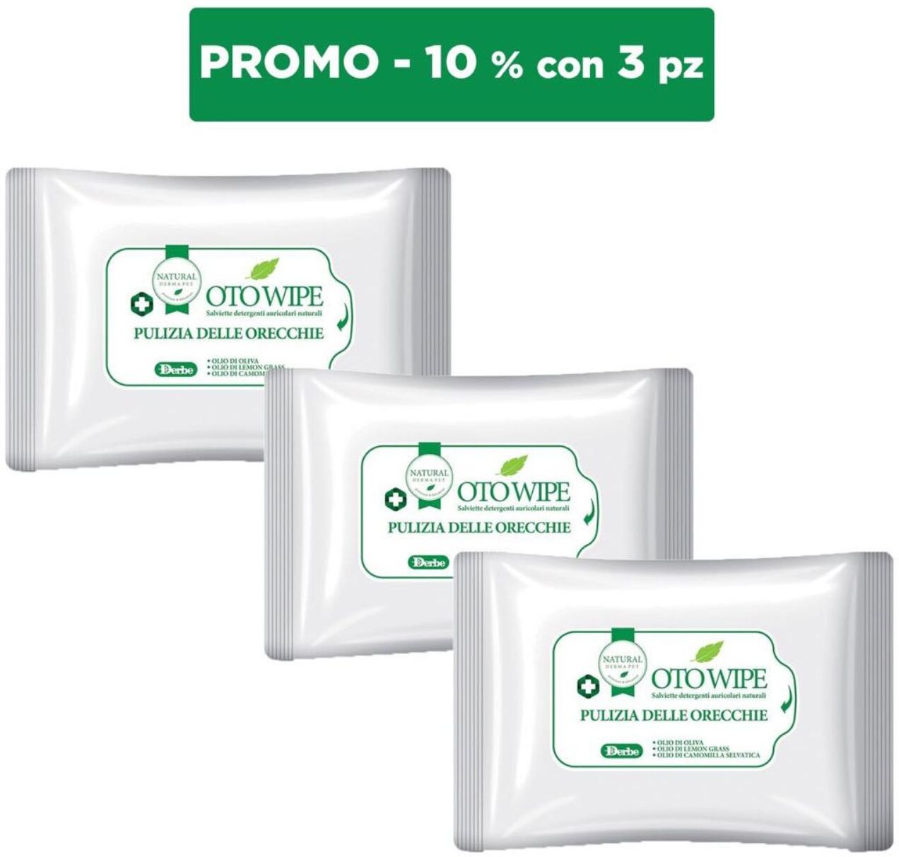 Derbe PROMO x 3 pz Natural Derma Pet by Salviette Otowipe Orecchie per Cani e Gatti