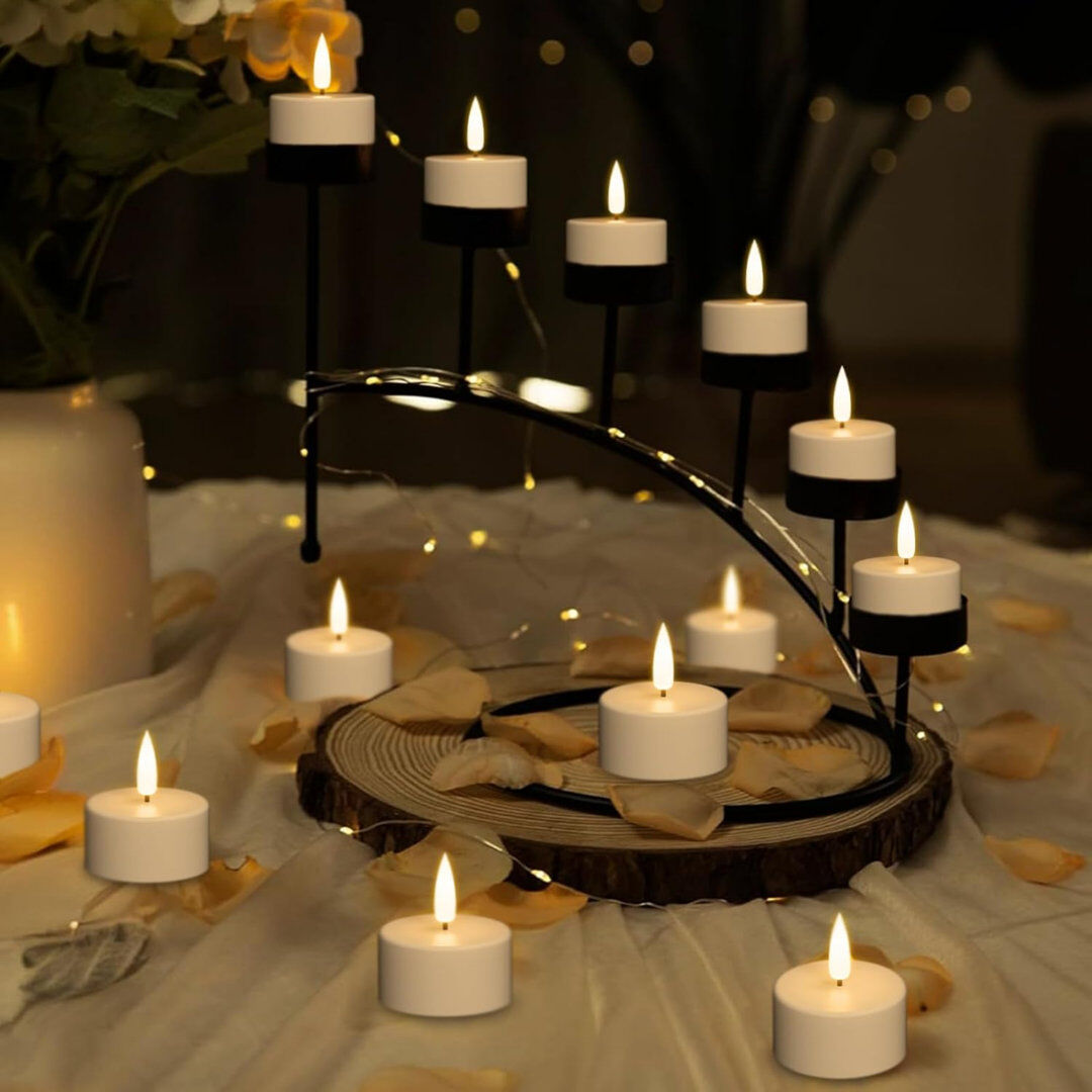 Rareweaves Rechargeable LED Tea Lights Candles with Remote Timer, 12 Pcs Battery Operated Flameless Tealights with Charging Base, Flickering LED Tealight Candles warm 5cm H X 5cm W X 5cm D