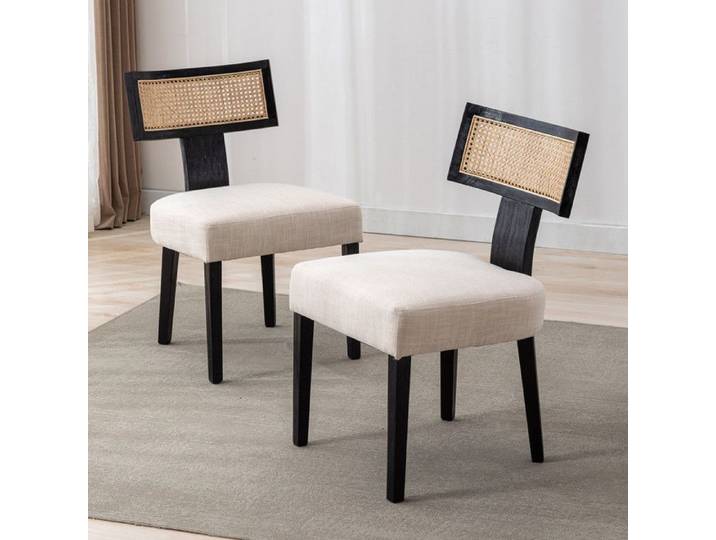 Wahson Lot de 2 Chaise Salle à Manger en Bois et Lin Chaise de Salle à Manger Médiévale Chaise de Cuisine avec Coussin Épais Noir