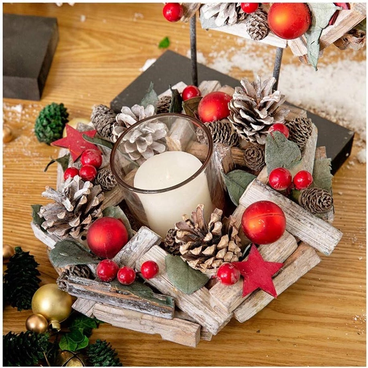 Houten Kandelaar Decoratieve Houder in Houtkleur, Hoogte: 40 cm