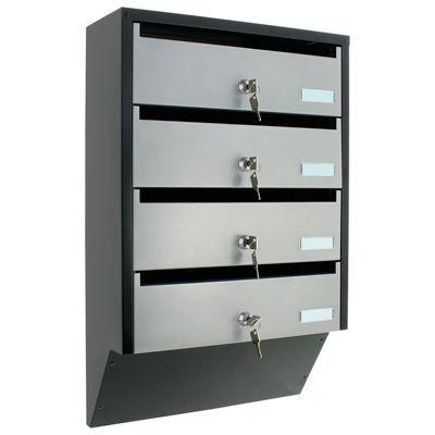 Rottner Briefkastenanlage Depot 4, für 4 Parteien, C4‑Einwurf 330×20 mm, Zylinderschloss je Fach, schwarz/silber