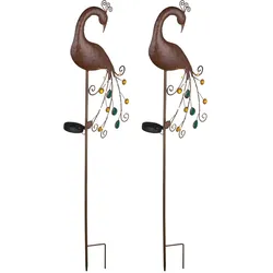 2x LED Außen Solar Erspieß Steck Lampen Terrassen Weg Pfau Leuchten bronze bunt