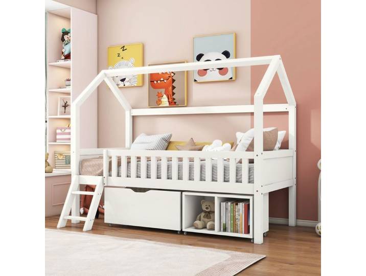 Lit cabane pour enfant 90x200 cm - Tiroirs & étagères - Garde-corps - Blanc