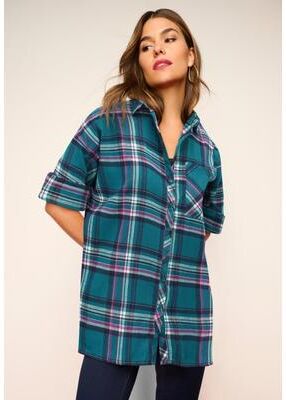 Plus Size Women's Plaid Flannel Tunic by Roaman's in Teal Plaid (Size 14 W) Plaid Shirt