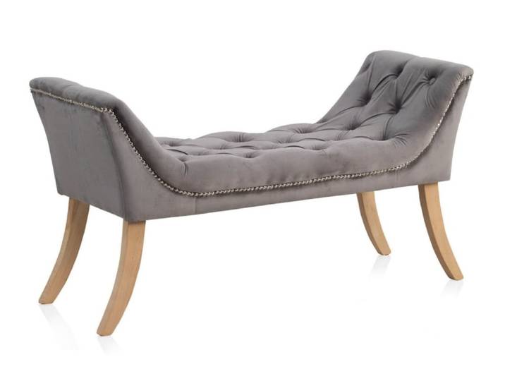 Tabouret tapissé en tissu velours gris et pieds en bois